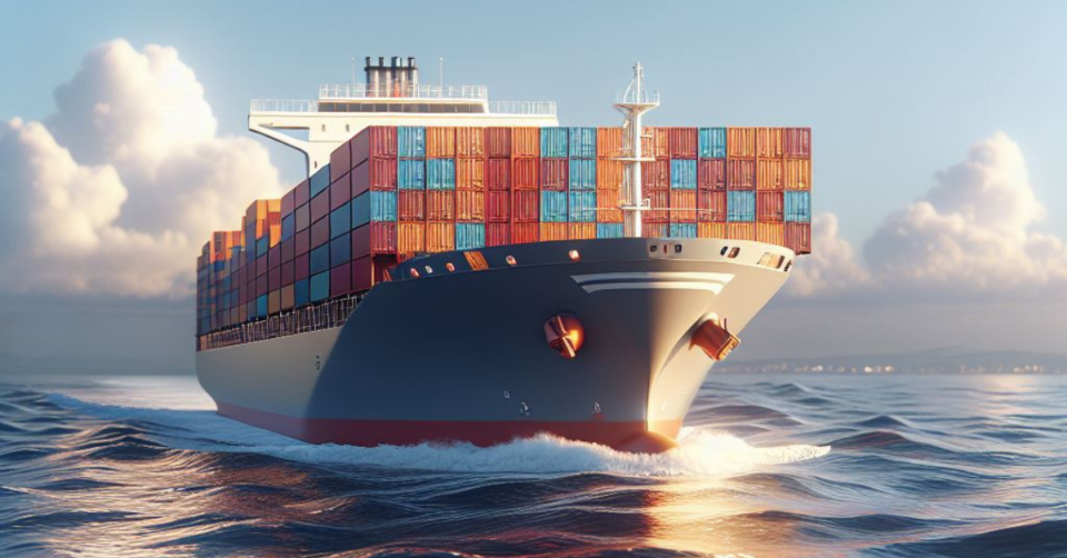 Fraktfartyg lastat med containrar som åker på havet.